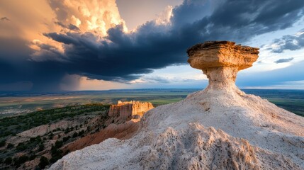 A dramatic landscape shot of sandstone cliffs eroded by wind and rain, with arches and hoodoos sculpted over millennia, showcasing the power of natural forces.