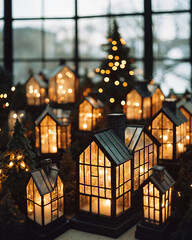 Obraz premium Cozy Christmas display of illuminated lantern houses with bokeh lights for warm holiday ambiance