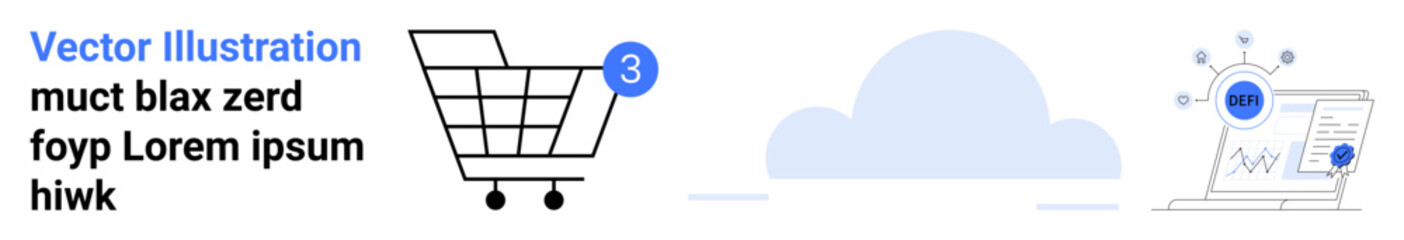 Shopping cart icon with notification, cloud storage, and data analysis screen. Ideal for e-commerce, cloud computing, data analysis, business analytics, digital marketing, technology, online