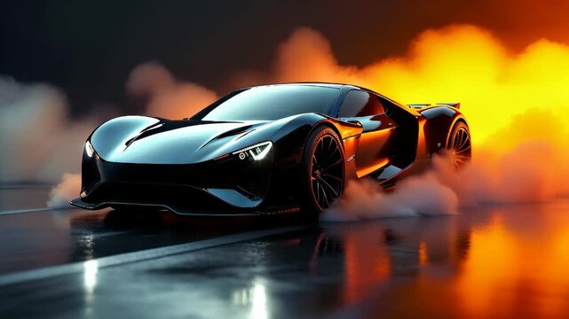 Sports car with yellow and red smoke in the background. Smoke animation, demonstration of a new sports car
