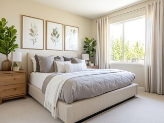 Modern Bedroom Interior with a Beige Bed and White Curtains