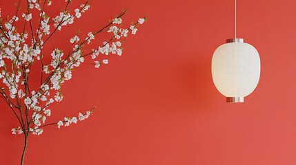 Obraz premium Elegant Cherry Blossoms and a Red Lantern Creating a Festive Atmosphere