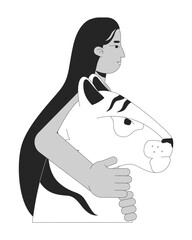 Indian woman embracing tiger head black and white 2D line character. Animal guardian. South asian female hugging wildcat predator isolated vector outline person. Monochromatic spot illustration