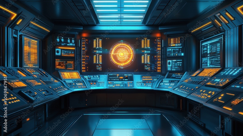 Poster Futuristic Control Room with Multiple Screens and Digital Interfaces