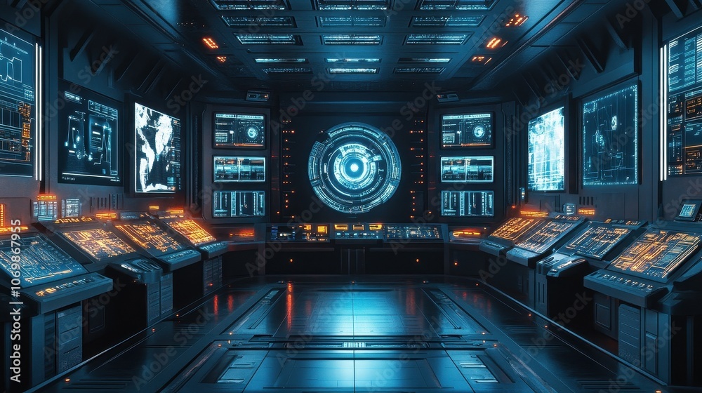 Poster futuristic control room with multiple screens and consoles