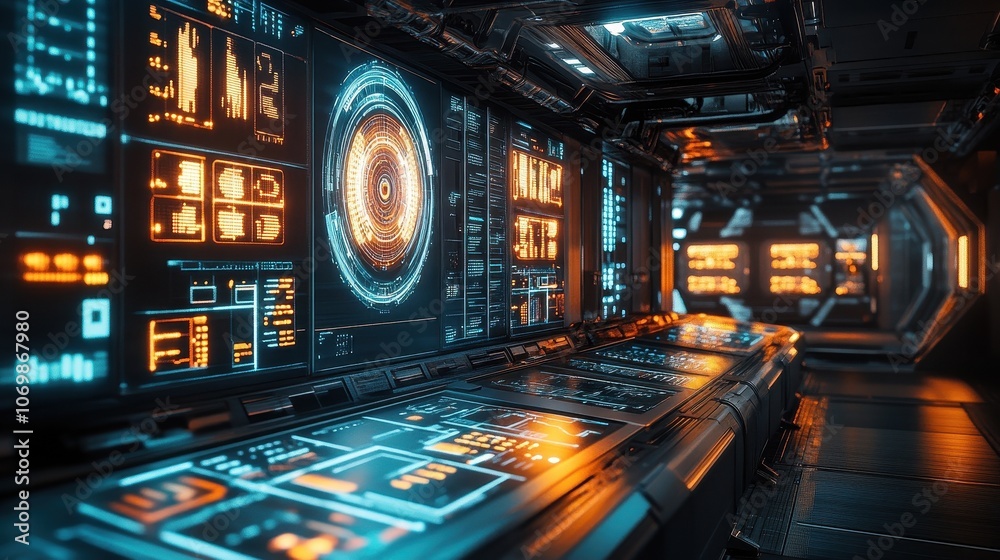 Poster Futuristic Spaceship Control Room with Advanced Interface
