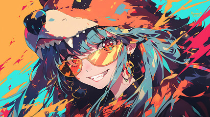 anime wearing a bear mask with a natural background