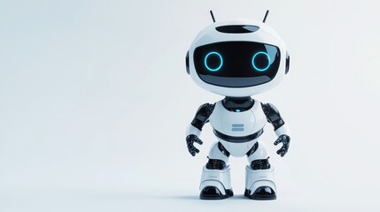 White and Black Robot with Blue Eyes Standing on a White Background