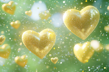 Fototapeta premium Golden hearts sparkle against a soft green background, creating a magical and uplifting atmosphere during a sunny day