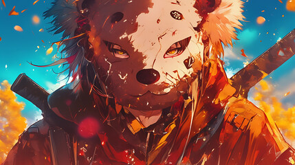 anime wearing a bear mask with a natural background