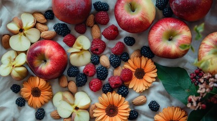 Still life arrangement of apples, blackberries, raspberries, almonds, and orange gerbera daisies