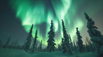 Naklejka premium Aurora borealis. Winter forest with northern lights. Stars and polar lights in the sky. A nighttime winter scene featuring a pine forest and aurora. The idea of travel 