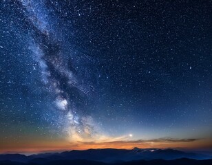 Naklejka premium Expansive night sky showcasing stars, galaxies, and nebulae, capturing the vastness and mystery of the universe and space