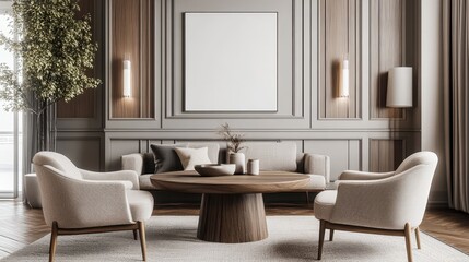Modern living room with a large blank canvas, wooden coffee table, and white armchairs