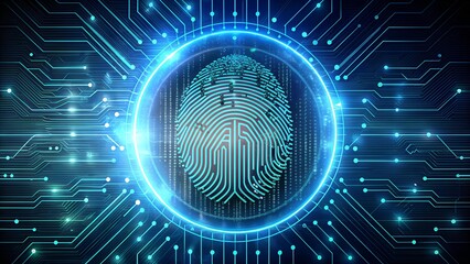 A digital representation of a fingerprint scanner with a glowing outline and holographic details, set against a dark background with binary code patterns