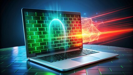 A laptop with a holographic firewall barrier surrounding it, with red and green data packets bouncing off, showing protection from digital intrusions