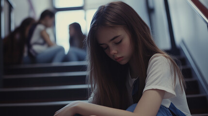 階段でうつむく若い女性