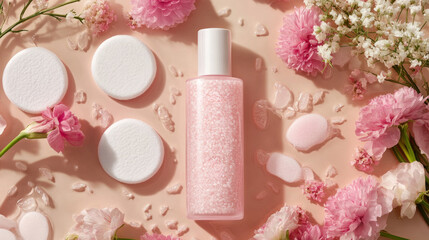 A rice serum bottle is positioned among cotton pads and pink flowers on a pink background, highlighting natural beauty and skincare products