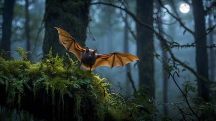 Serene Nights: A Bernstein’s Bat Amidst Misty Trees
