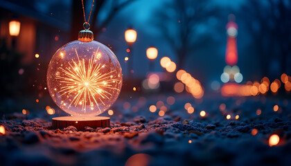 A Christmas ornament with a sparkly design sits on a wooden base