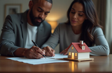 Model house on table, contract. This photo captures the moment a young couple signs the contract to purchase their first family nest. They are full of hopes and plans for the future