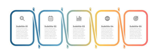 Vector infographic design template with marketing icons, Business processes rectangle elements with 5 steps and options. 
