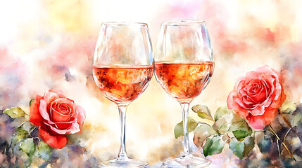 Watercolor painting of clinking wine glasses with roses, evoking celebration