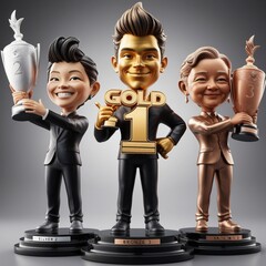 Three 3D figures on a podium holding gold, silver, and bronze trophies, each standing in a different position.