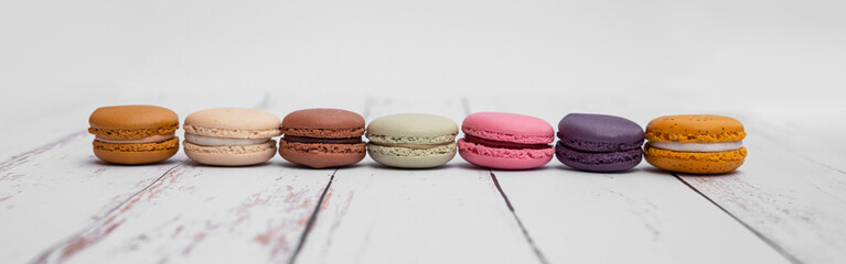 Close-up of assorted coloured macaroons in different flavours