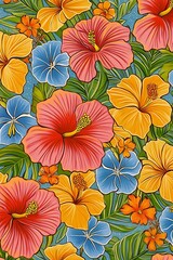 Naklejka premium Vibrant Tropical Floral Pattern with Pink, Yellow, and Blue Flowers