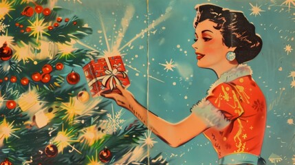 Christmas card, colourful vintage happy card