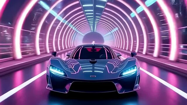 High-speed Supercar Glides Through a Neon-tunnel Connected to a Futuristic Cityscape