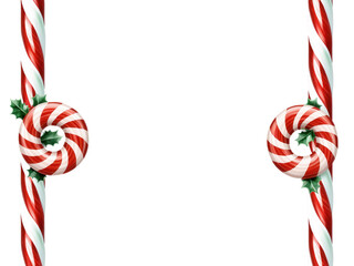 Christmas Border candy canes and peppermint swirls intertwined with red and green tinsel, isolated on a transparent background.