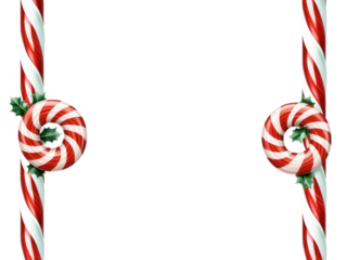 Christmas Border candy canes and peppermint swirls intertwined with red and green tinsel, isolated on a transparent background.