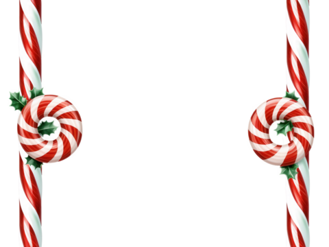 Christmas Border candy canes and peppermint swirls intertwined with red and green tinsel, isolated on a transparent background.