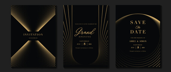 Luxury invitation card background vector. Golden elegant wavy gold line pattern on black background. Premium design illustration for wedding, vip cover template, grand opening, flyer, gala.