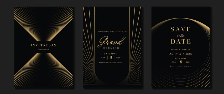 Luxury invitation card background vector. Golden elegant wavy gold line pattern on black background. Premium design illustration for wedding, vip cover template, grand opening, flyer, gala.