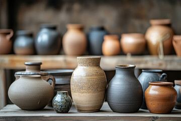 Rustic pottery display with various handmade ceramic vessels in earthy tones on wooden shelves, showcasing traditional craftsmanship and natural textures.