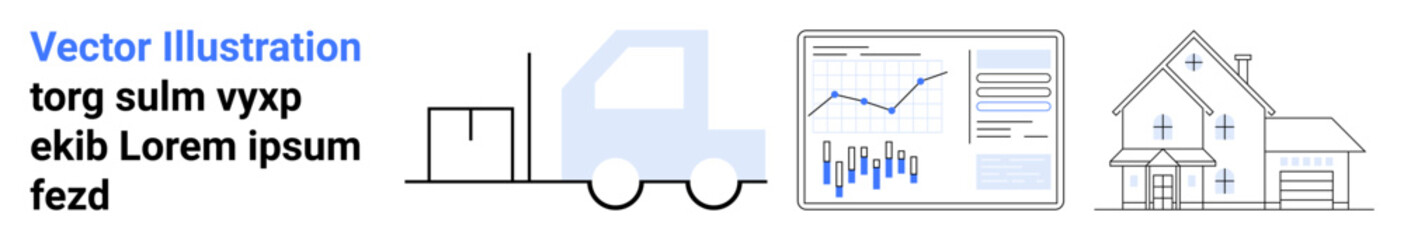 Warehouse with package, delivery truck, analytics screen with charts, and residential house. Ideal for logistics, delivery services, data analysis, real estate, warehousing, inventory management