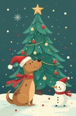 New Year's card: magical winter Christmas forest, elf in Santa Claus costume, deer, Christmas tree, gifts. Christmas and New Year atmosphere