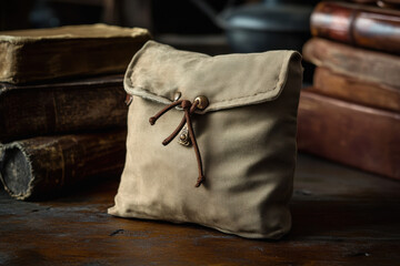 Vintage leather pouch on a wooden table with aged books in the background, creating a rustic and nostalgic mood with warm tones.