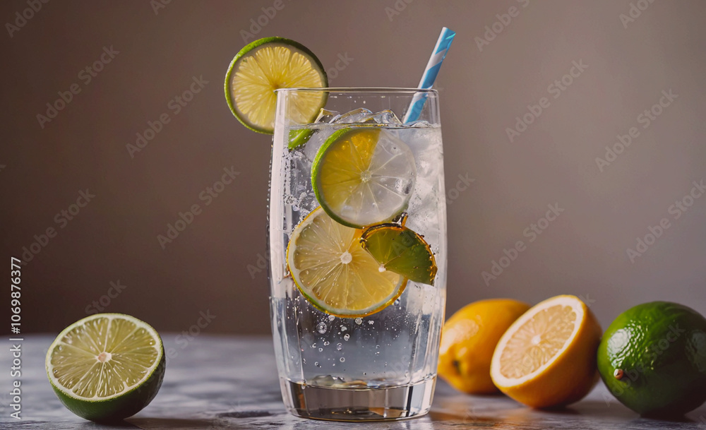 Aufkleber glass of water with a straw and a slice of lime in it