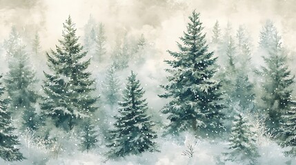 Obraz premium Winter forest seamless pattern featuring watercolor Christmas trees in soft greens and whites snow-covered branches subtle winter plants frosty landscape festive design for gift wrap and decor