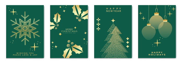 Naklejka premium Luxury christmas invitation card art deco design vector. Christmas tree, snowflake, bauble, holly, spot texture on green background. Design illustration for season's greeting poster, cover.