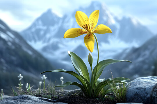 A beautiful lily flower blooming with an icy mountains background