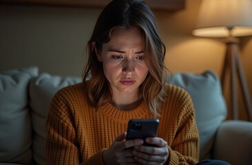 Young woman is frowning while reading upsetting content on her smartphone