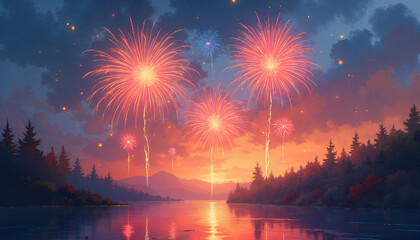 Celebrating Canada Day with a stunning fireworks display over a serene lake at sunset in the Canadian wilderness