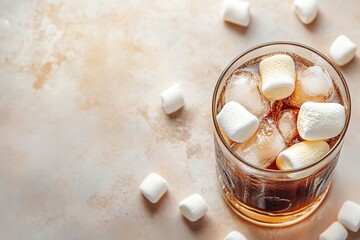 Chilled drink with ice and marshmallows on table
