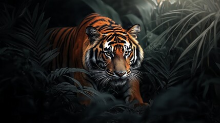 Fototapeta premium Tiger hunting in jungle underbrush with orange-black stripes, blending into the foliage. AI generated