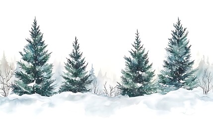 Winter seamless pattern watercolor Christmas trees natural greens whites snow branches festive decor
